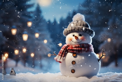 Happy Snowman as a symbol of Christmas and New Year holidays in the beautiful light of evening lights. Background