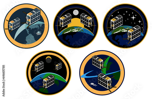 Set of space mission emblems with CubeSat satellites in Earth orbit