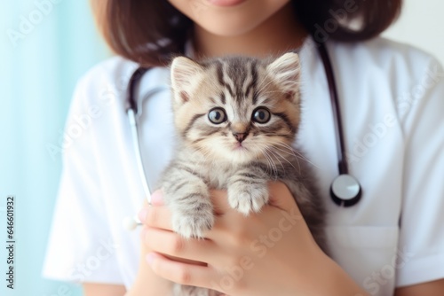 Cute kitten in the hands of a veterinarian. Pet portrait with selective focus