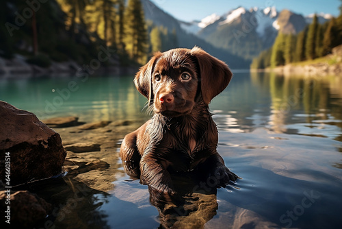 AI-Generated Image of a chocolate Labrador puppy standing at the edge of a serene lake