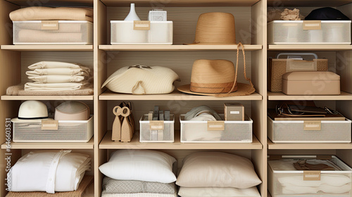 A display showcasing Marie Kondos storage boxes, containers, and baskets in various sizes and shapes to help organize and tidy up wardrobes. These organizer boxes are part of the KonMari method photo