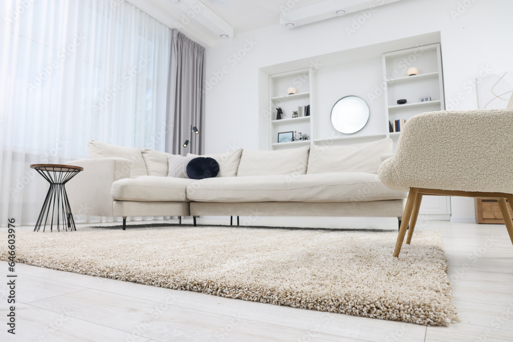Fluffy carpet and stylish furniture on floor indoors, low angle view - obrazy, fototapety, plakaty 