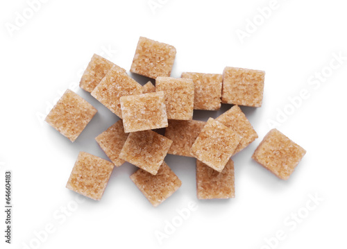 Brown sugar cubes isolated on white, top view