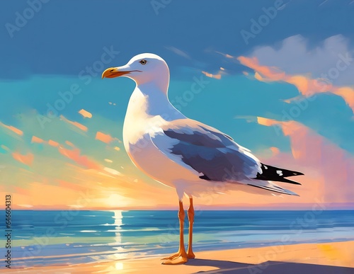 Beautiful digital illustration of a seagull on the Brazilian coast and a beautiful sunset. Digital art of sunrise on amazing beach vacation. Drawing on the beaches of Brazil
