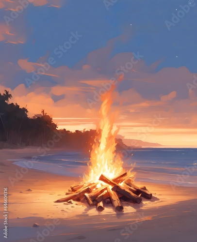 Beautiful digital illustration of a bonfire on the Brazilian coast and a beautiful sunset. Digital art of sunrise on amazing beach vacation. Drawing on the beaches of Brazil
