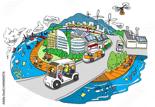 脱炭素社会に向けた環境にやさしいまちづくりの手書きイラスト（都市近郊・カラー）