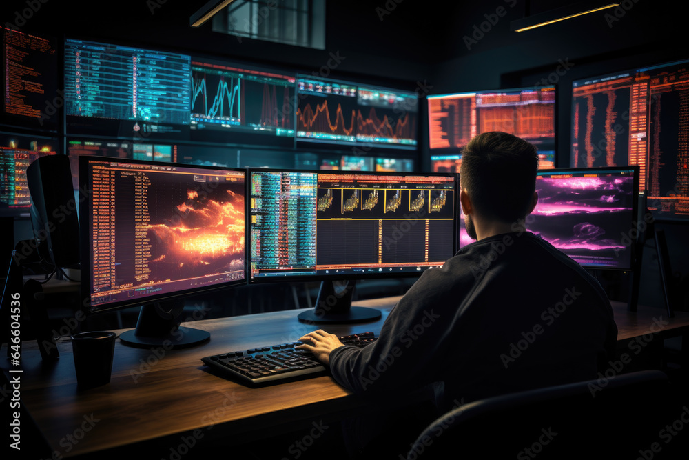 Traders monitoring cryptocurrency prices on a multi-screen trading setup. Generative Ai. Traders monitoring cryptocurrency prices on a multi-screen trading setup. Generative Ai.