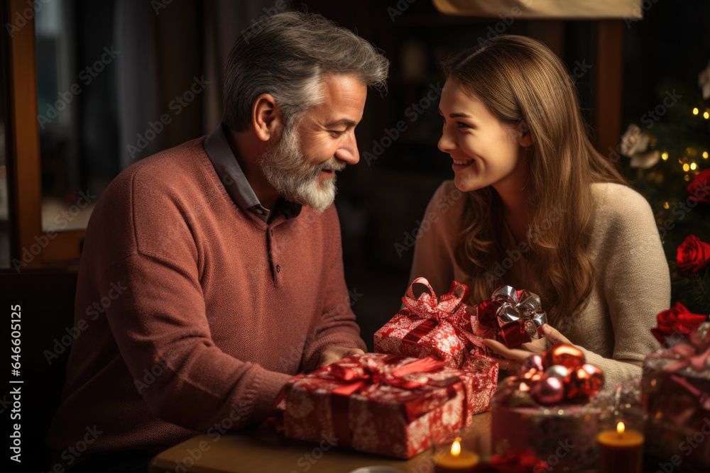 A person exchanging gifts and sweets with loved ones as a gesture of love and goodwill. Generative Ai. A person exchanging gifts and sweets with loved ones as a gesture of love and goodwill. Generative Ai.