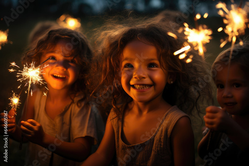 A group of children playing with sparklers and fireworks in an open field. Generative Ai.