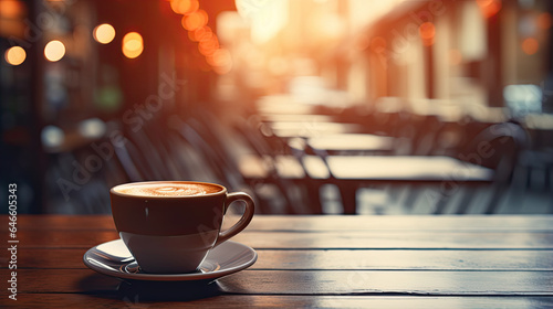 Vintage cafe experience. Closeup of white cup of coffee on vintage wooden table on blur restaurant background