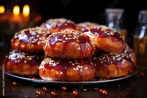 A close-up of Hanukkah donuts (sufganiyot) filled with jelly, ready to be enjoyed. Generative Ai.