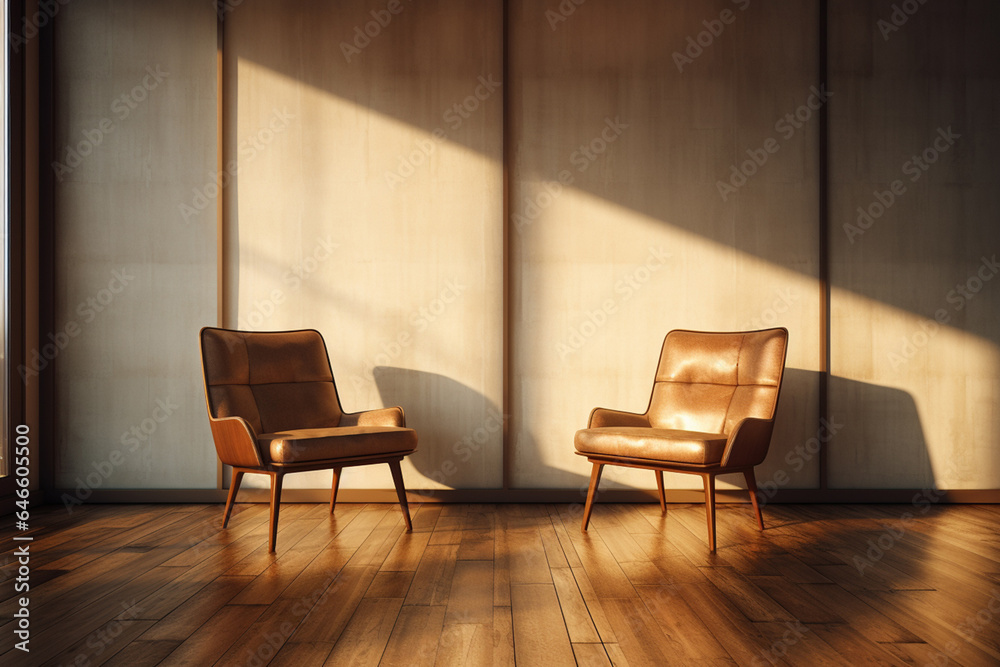 Obraz premium In a mid-century modern living room, two barrel chairs and a round wooden coffee table sit by the window, near a paneled wall adorned with curtains. Generative AI.