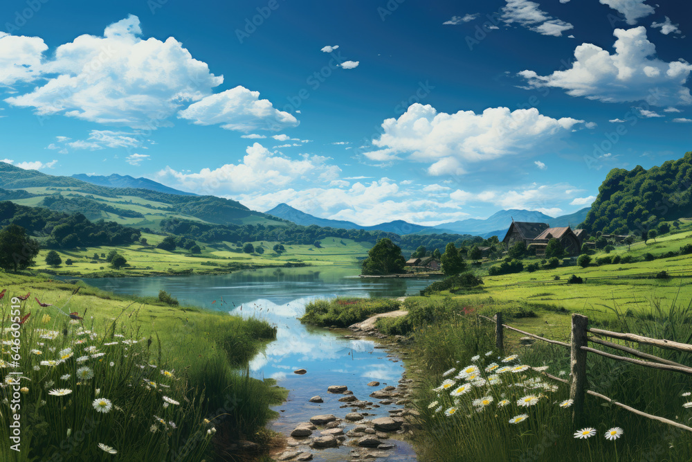 A serene landscape painting capturing the tranquility of a countryside scene. Generative Ai.