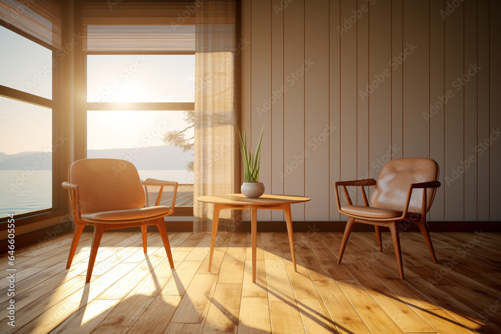 In a mid-century modern living room, two barrel chairs and a round wooden coffee table sit by the window, near a paneled wall adorned with curtains. Generative AI.