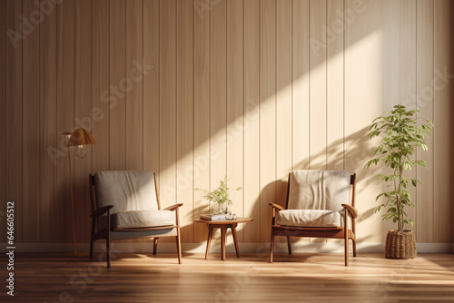 In a mid-century modern living room  two barrel chairs and a round wooden coffee table sit by the window  near a paneled wall adorned with curtains. Generative AI.