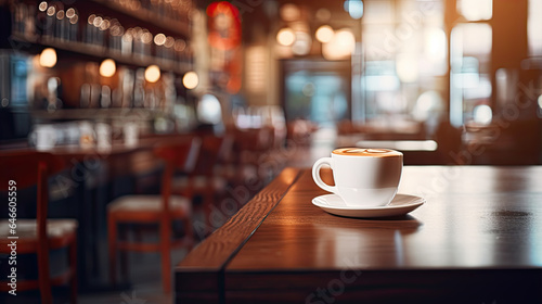 Vintage cafe experience. Closeup of white cup of coffee on vintage wooden table on blur restaurant background