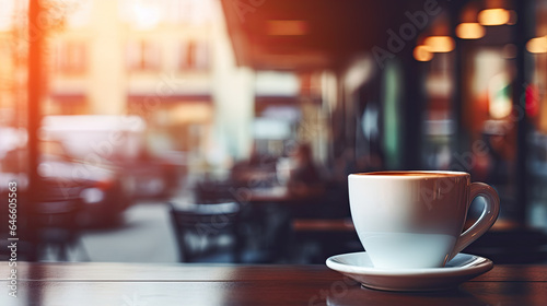 Vintage cafe experience. Closeup of white cup of coffee on vintage wooden table on blur restaurant background