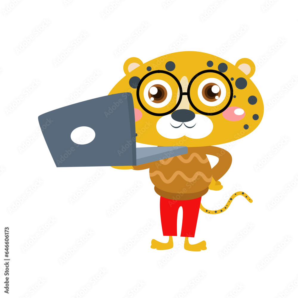 Vector cute cheetah cat work on laptop cartoon vector icon illustration