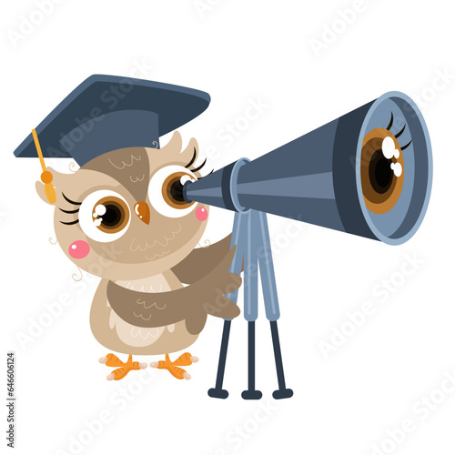 vector cute owl using telescope and graduation cap photo