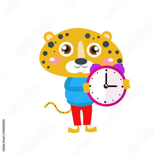Fototapeta Naklejka Na Ścianę i Meble -  Vector cute cheetah cat with alarm clock cartoon vector icon illustration