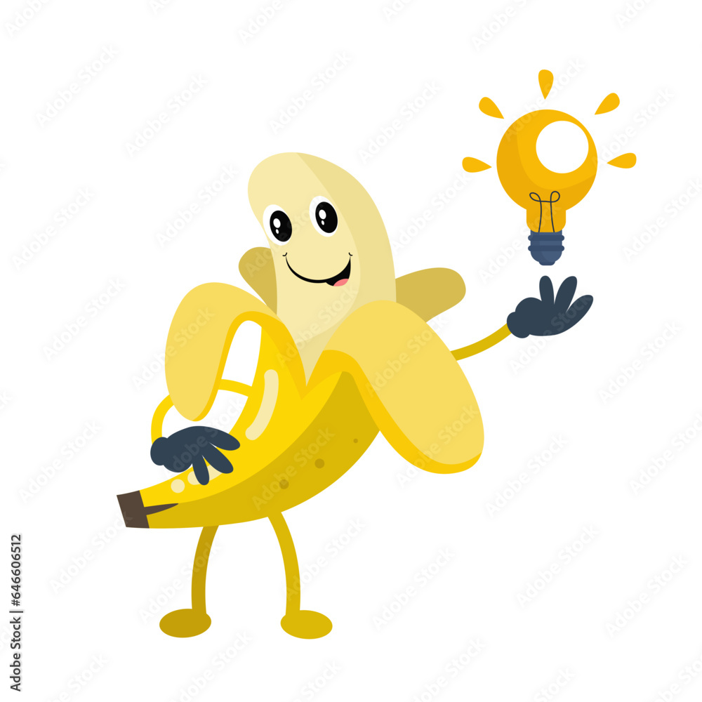 Vector cute peeled banana with yellow lamp cartoon fruit icon illustration Vector cute peeled banana with yellow lamp cartoon fruit icon illustration