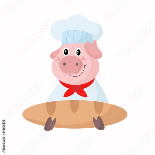  vector cute pig chef holding bread cartoon vector icon illustration