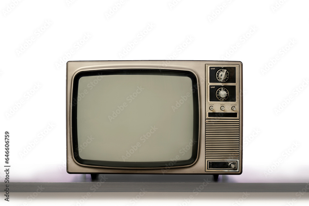 Retro old television with blank screen on wooden shelf isolated on white background, clipping path Retro old television with blank screen on wooden shelf isolated on white background, clipping path