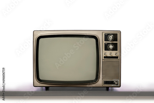 Retro old television with blank screen on wooden shelf isolated on white background, clipping path