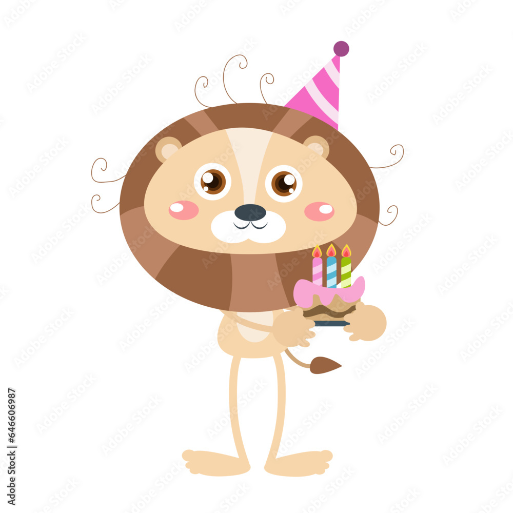 Fototapeta premium Vector cute lion birthday party mascot cartoon vector icon illustration