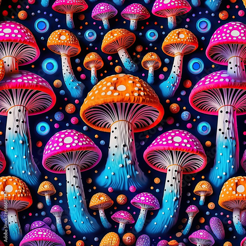 Colorful luminiscent mushrooms background. Vintage psychedelic bright pattern photo