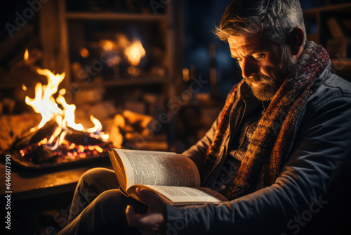 Bookish Comfort. Person reading a book by a fireplace, reflecting the cozy and introspective aspect of reading. Generative AI.