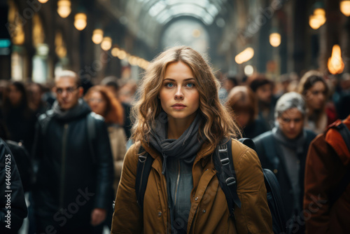 City Crowd. A sea of people walking through a bustling urban street, capturing the diversity and complexity of city life. Generative AI.