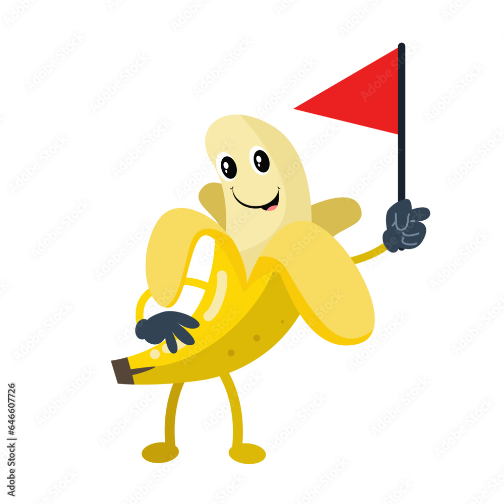 Vector cute peeled banana holding triangle flag cartoon fruit icon illustration 