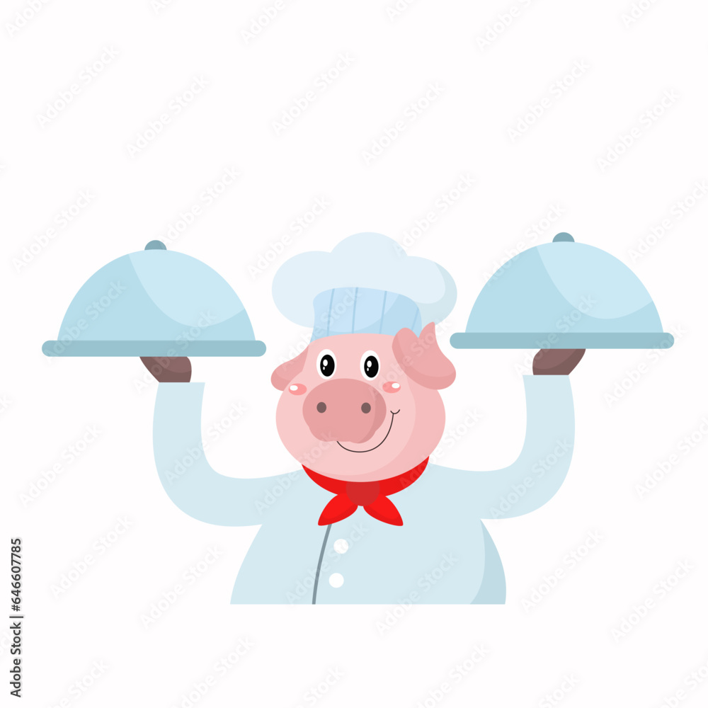 vector cute pig chef eating beef steak cartoon character