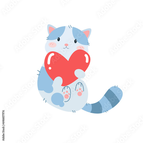 vector cute cat sit with hugging heart cartoon vector icon illustration