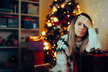 Unhappy Stressed Christmas Woman Waiting. Tired lady feeling concerned and depressed about winter holidays
