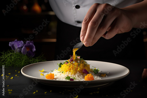 Chef adding final flourish of concentrated Saffron herb at the pass to arab dish of Kabsa Rice AI Generated