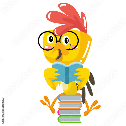 vector cute chick reading book with glasses cartoon vector icon illustration