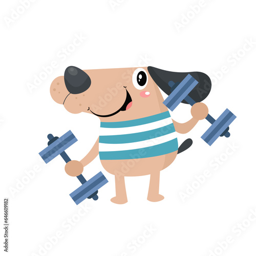 vector cute dog lifting barbel cartoon vector icon illustration