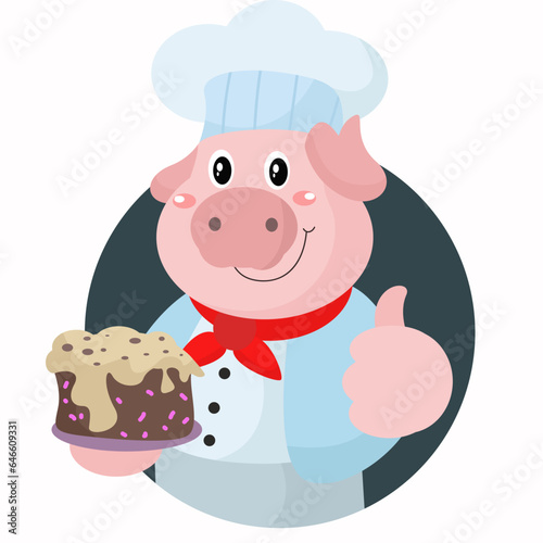 vector cute pig chef holding brownies cartoon vector icon illustration with blue navy backround