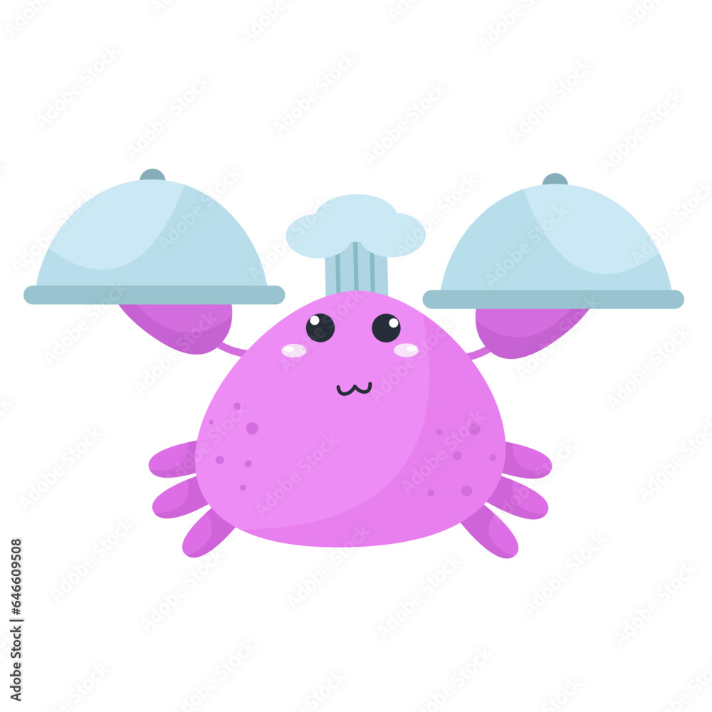 Naklejka premium vector smiling cartoon purple crab waitress character