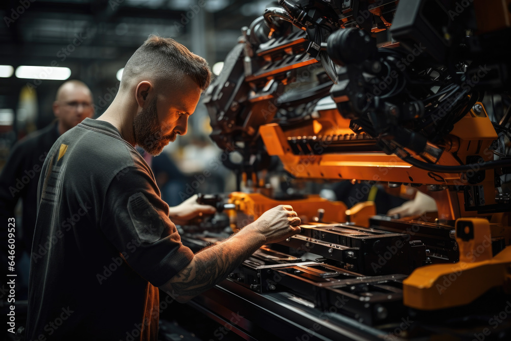 Worker operating machinery at a factory, illustrating the variety of industries and roles that come together to build society. Generative Ai. Worker operating machinery at a factory, illustrating the variety of industries and roles that come together to build society. Generative Ai.