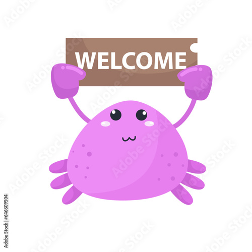 vector smiling cartoon purple crab holding up a hello poster