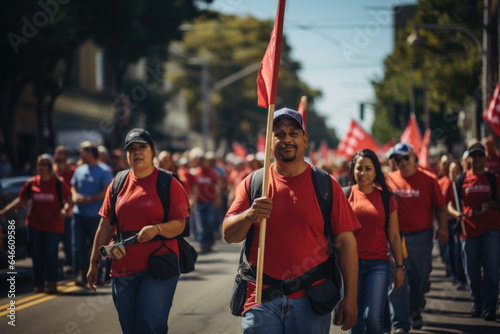 A group of workers gather for a Labor Day parade, carrying banners and signs that celebrate the contributions of laborers to society. Generative Ai. © Sebastian