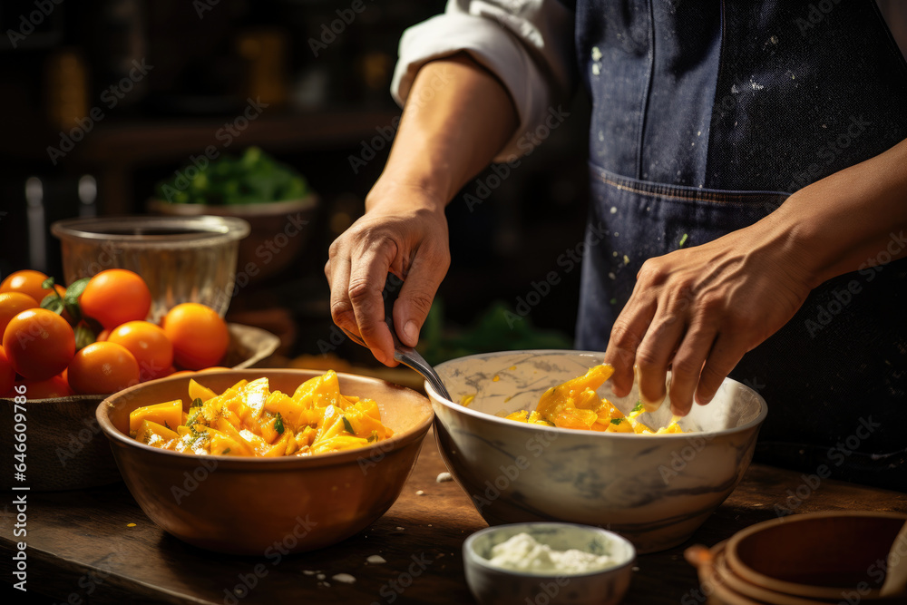 A close-up photograph highlights a person's hands mixing ingredients in a bowl, showcasing the joy of cooking and experimenting within a culinary lifestyle. Generative Ai.