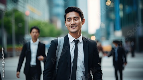 portrait of a handsome smiling white young businessman boss in a black suit walking on a city street to his company office. blurry street background, confident