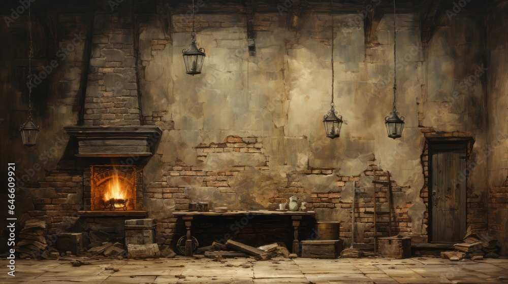 An illustration of a painted interior with aged painted brick. Generative AI. An illustration of a painted interior with aged painted brick. Generative AI.