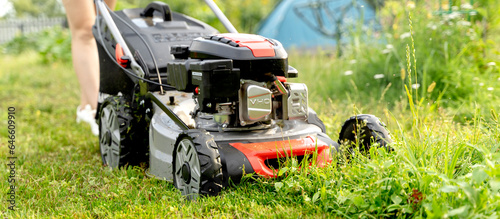 Obraz na plátně a girl with a lawn mower mows a beautiful lawn