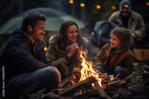 A family gathers around a bonfire at a campsite  celebrating the joy of outdoor gatherings and connection within a family-oriented lifestyle. Generative Ai.