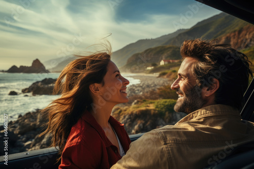 A couple enjoys a scenic drive along a coastal road, embracing the sense of freedom and exploration that comes with a travel-focused lifestyle. Generative Ai.